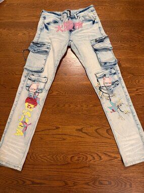 NOVAMEN Men's Embroidered Cargo Jeans Size 30
